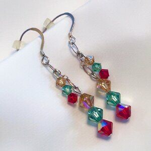 Red, Green, and Light Gold Crystal Bead Earrings